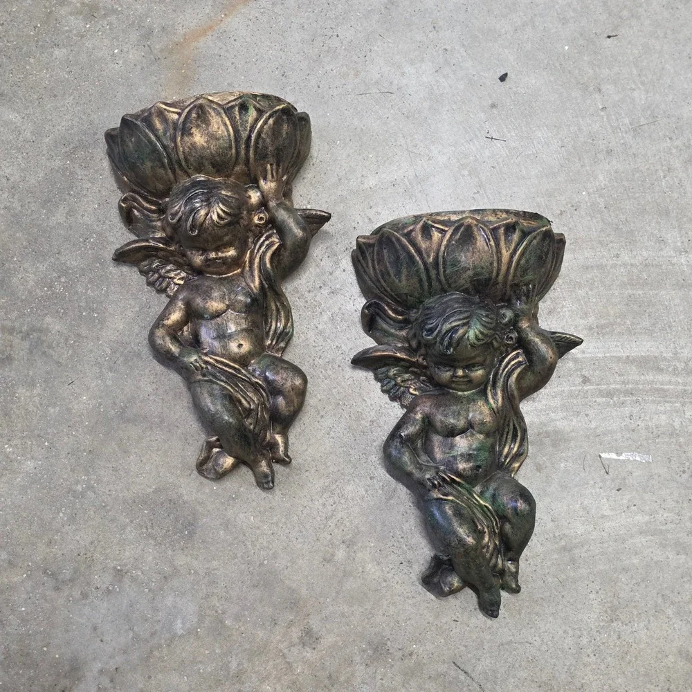 Vtg Inarco Cherub Wall Pocket Set Gold Winged Angel Planter light weight patina